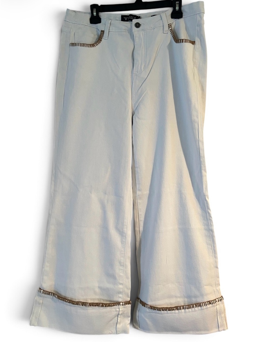 Lucky & Blessed Cream Wide-Leg Chinos with Brown Contrast Trim